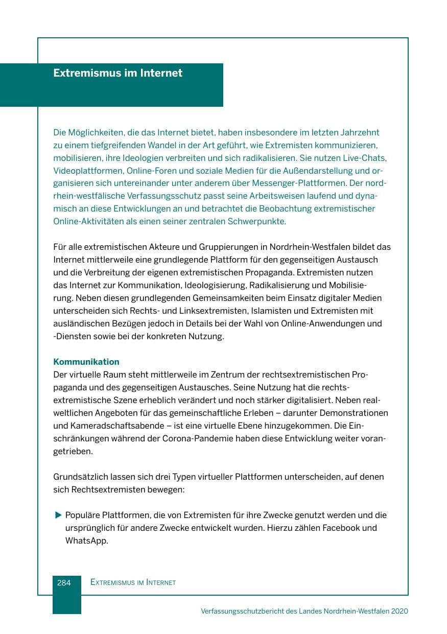 Seite 285 des Verfassungsschutzbericht 2020 Nordrhein-Westfalen
