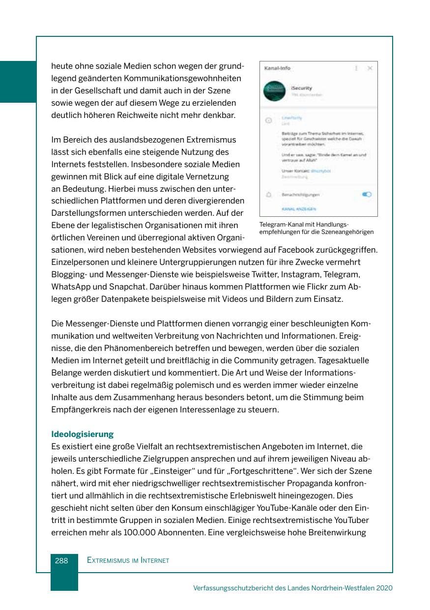 Seite 289 des Verfassungsschutzbericht 2020 Nordrhein-Westfalen