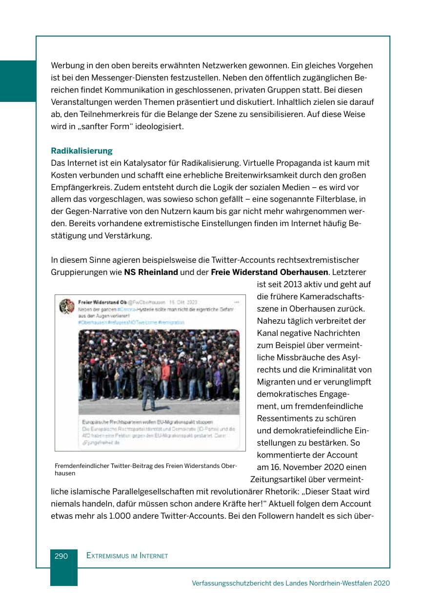 Seite 291 des Verfassungsschutzbericht 2020 Nordrhein-Westfalen