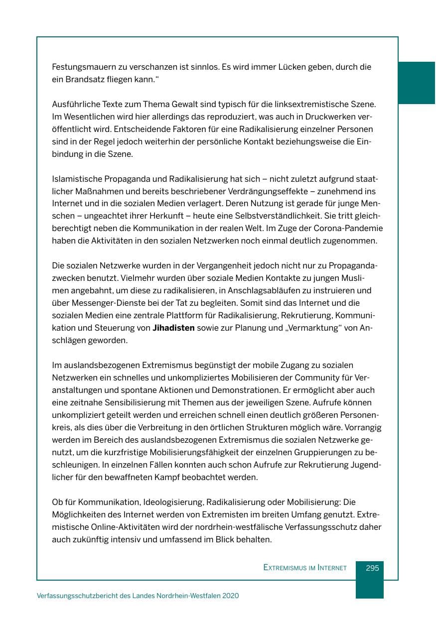 Seite 296 des Verfassungsschutzbericht 2020 Nordrhein-Westfalen