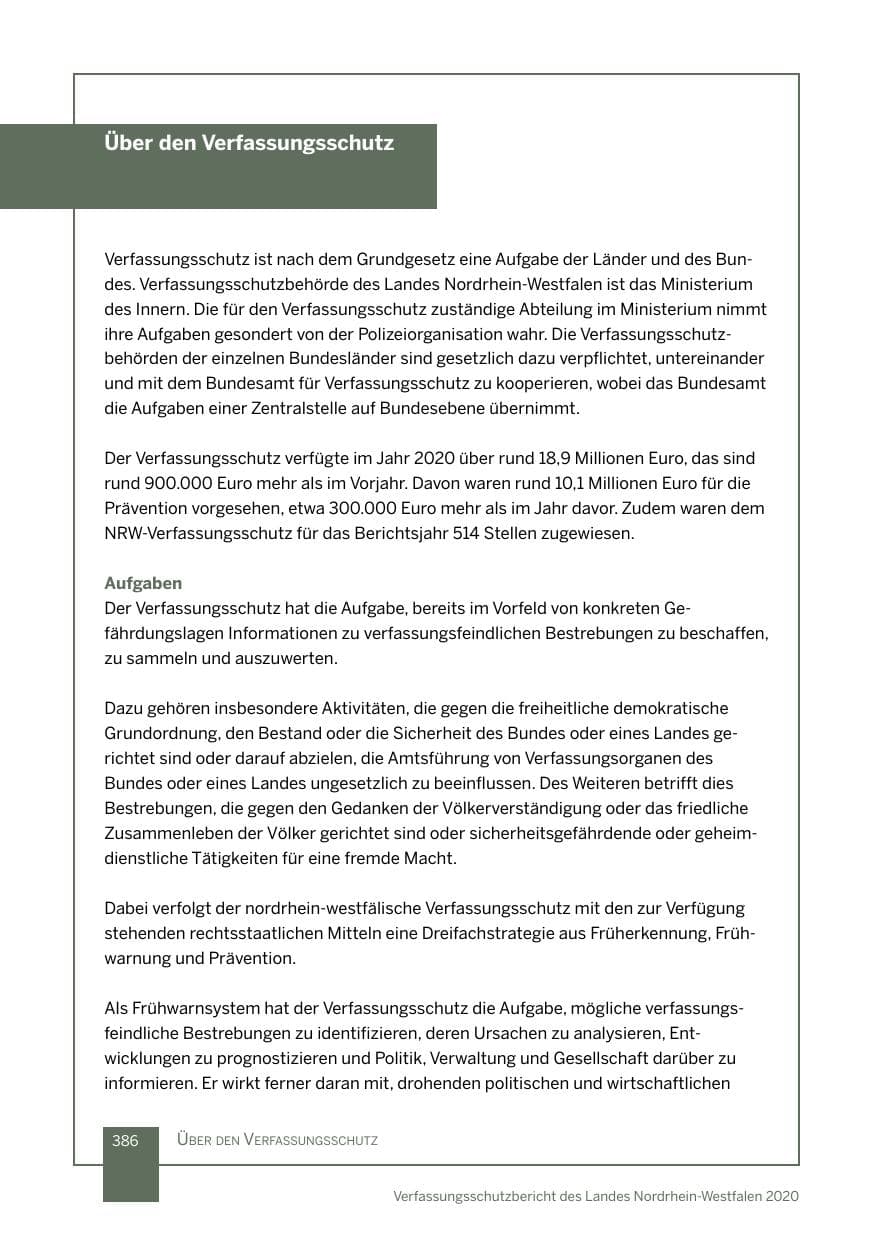 Seite 387 des Verfassungsschutzbericht 2020 Nordrhein-Westfalen