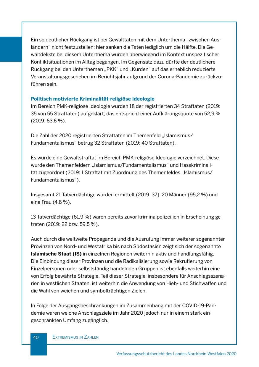 Seite 41 des Verfassungsschutzbericht 2020 Nordrhein-Westfalen