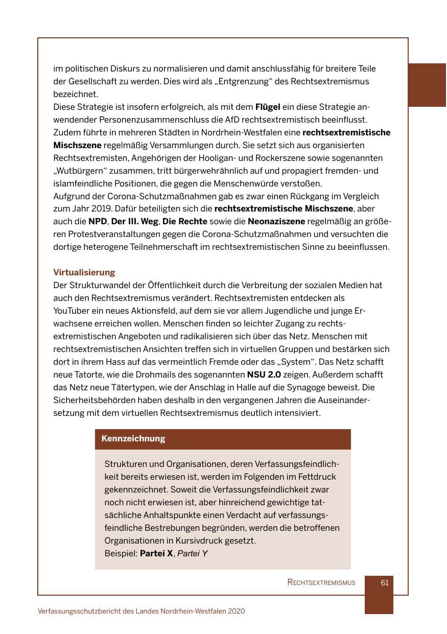 Seite 62 des Verfassungsschutzbericht 2020 Nordrhein-Westfalen