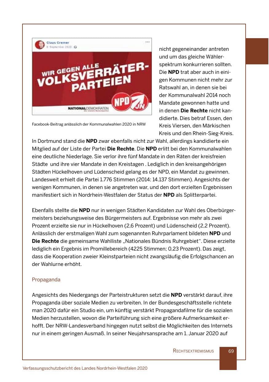 Seite 70 des Verfassungsschutzbericht 2020 Nordrhein-Westfalen