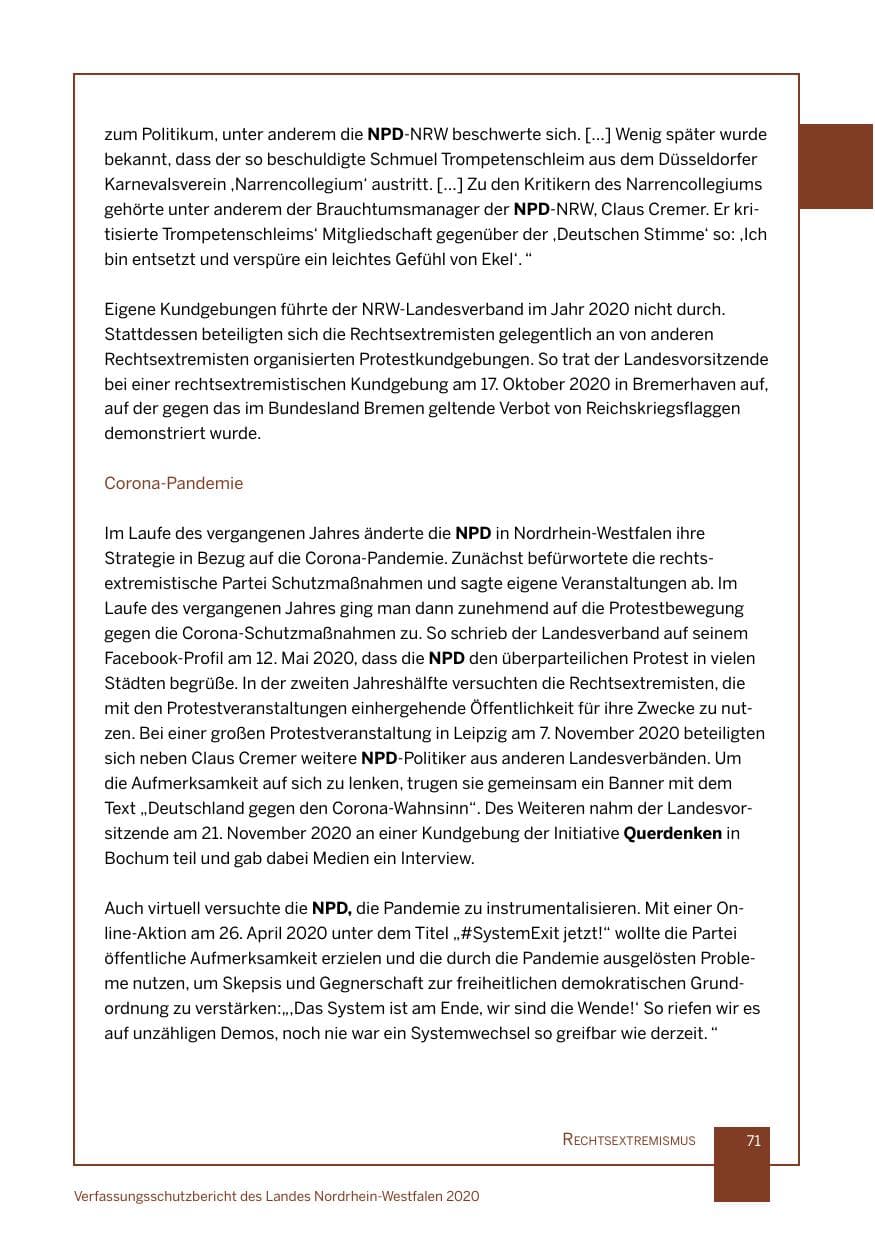 Seite 72 des Verfassungsschutzbericht 2020 Nordrhein-Westfalen