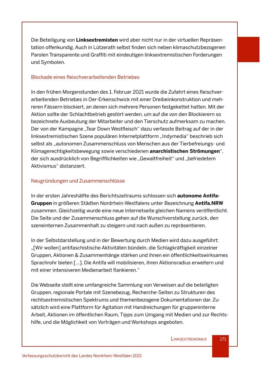 Seite 172 des Verfassungsschutzbericht 2021 Nordrhein-Westfalen