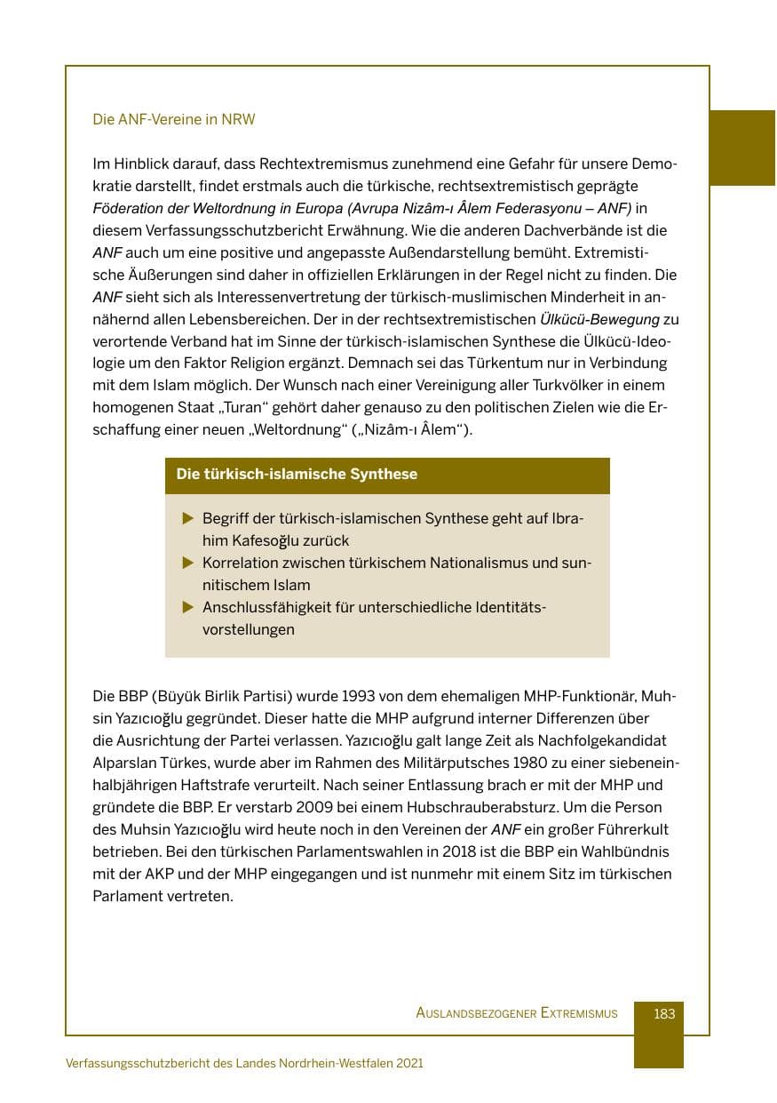 Seite 184 des Verfassungsschutzbericht 2021 Nordrhein-Westfalen