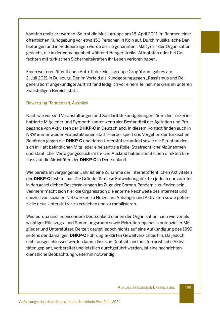 Seite 190 des Verfassungsschutzbericht 2021 Nordrhein-Westfalen