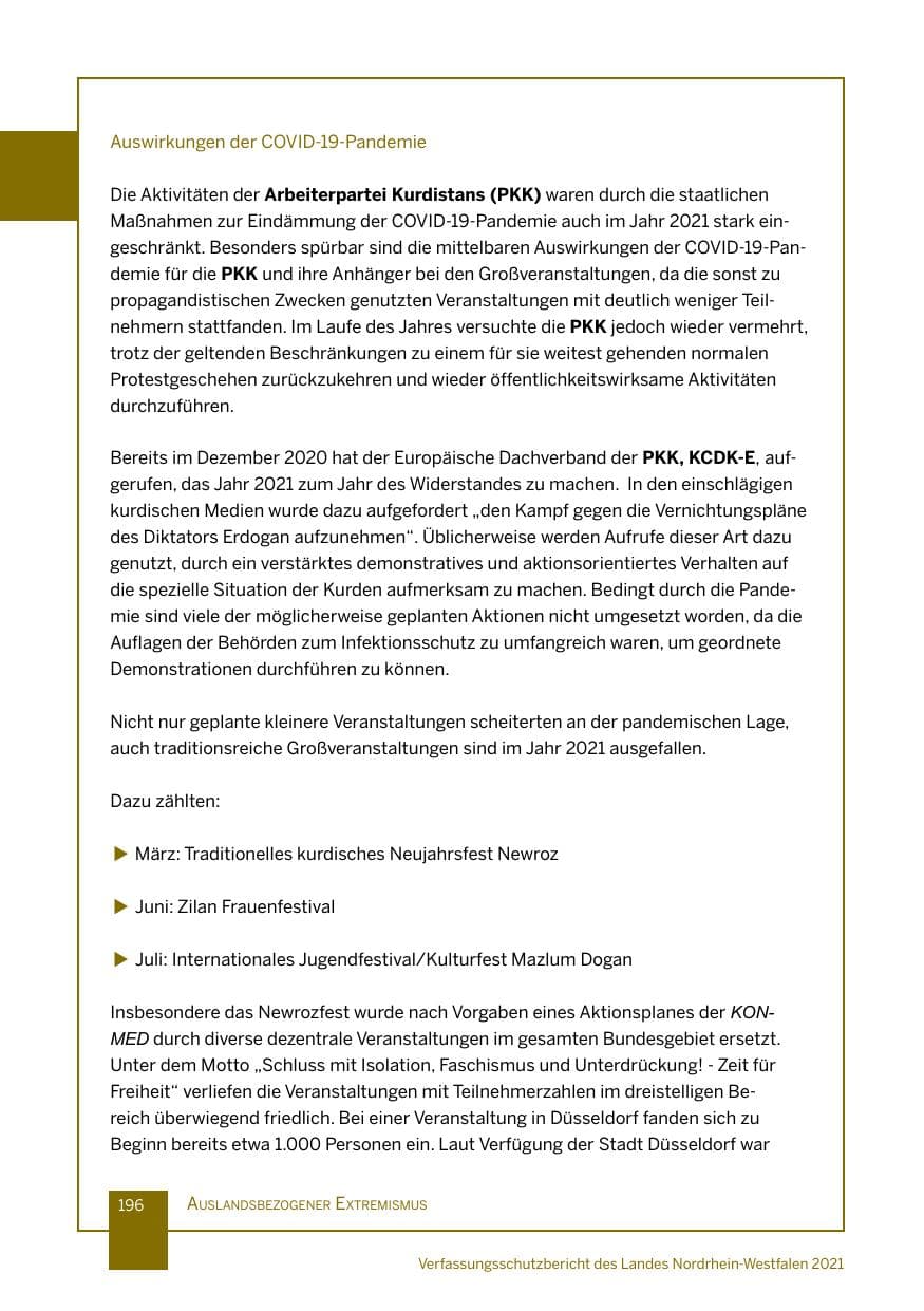 Seite 197 des Verfassungsschutzbericht 2021 Nordrhein-Westfalen