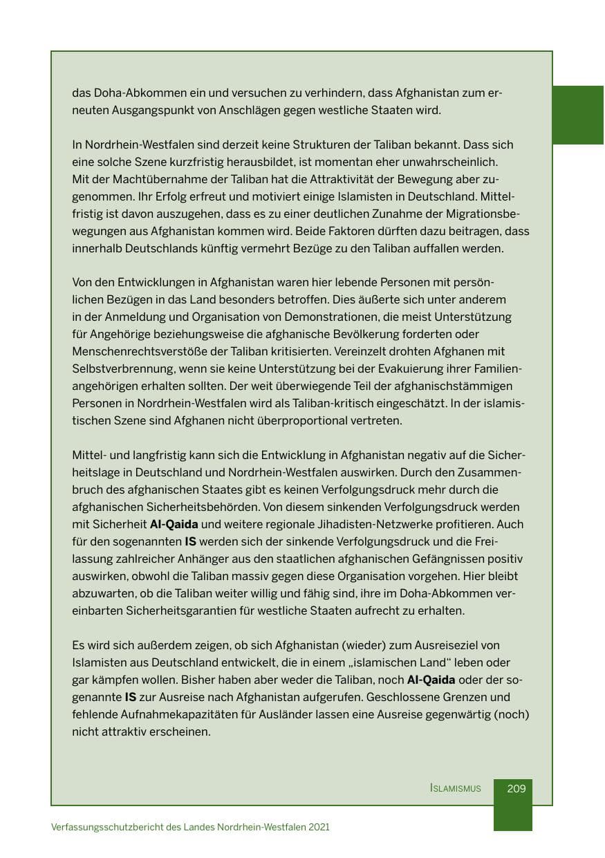 Seite 210 des Verfassungsschutzbericht 2021 Nordrhein-Westfalen