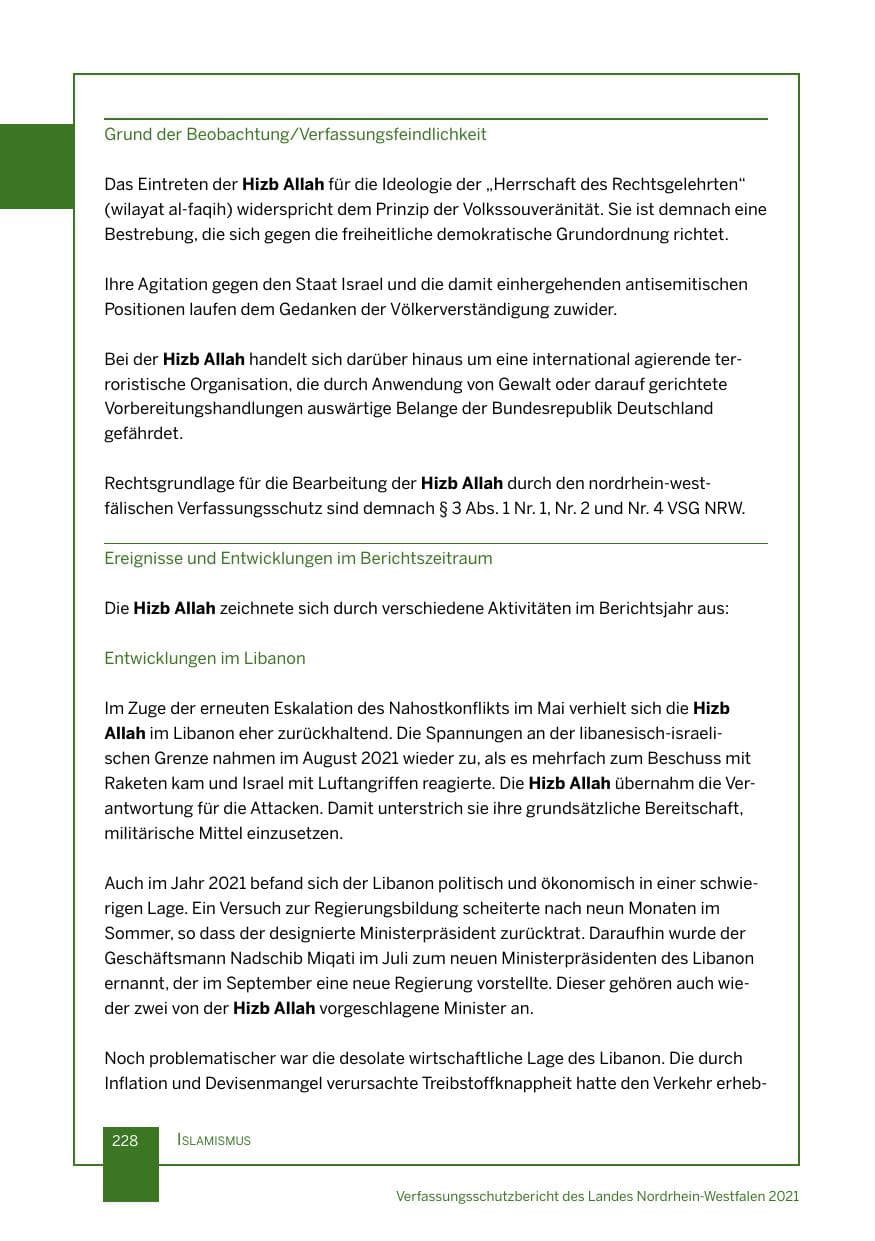 Seite 229 des Verfassungsschutzbericht 2021 Nordrhein-Westfalen