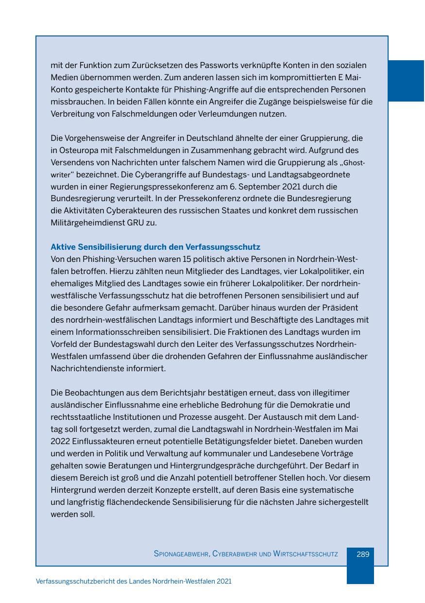Seite 290 des Verfassungsschutzbericht 2021 Nordrhein-Westfalen