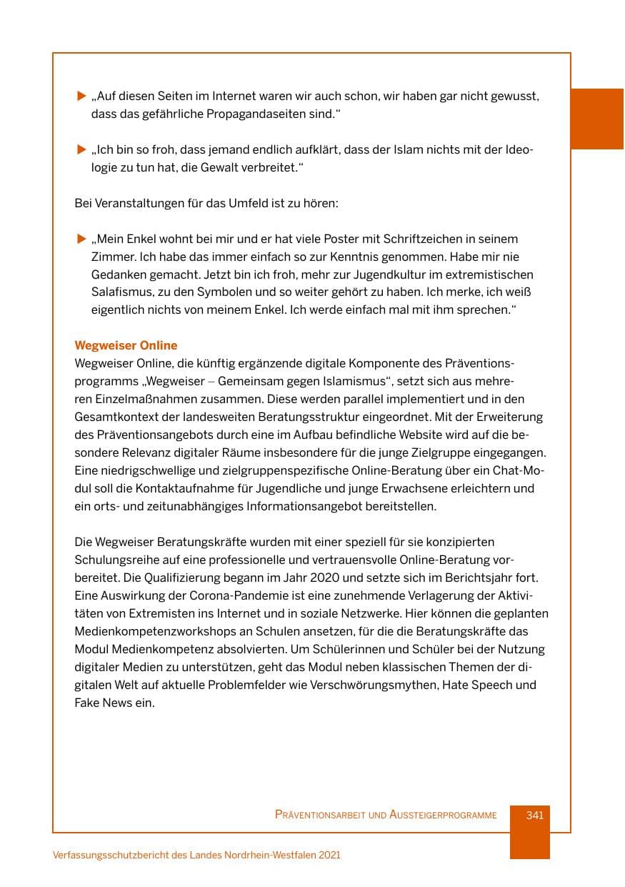 Seite 342 des Verfassungsschutzbericht 2021 Nordrhein-Westfalen