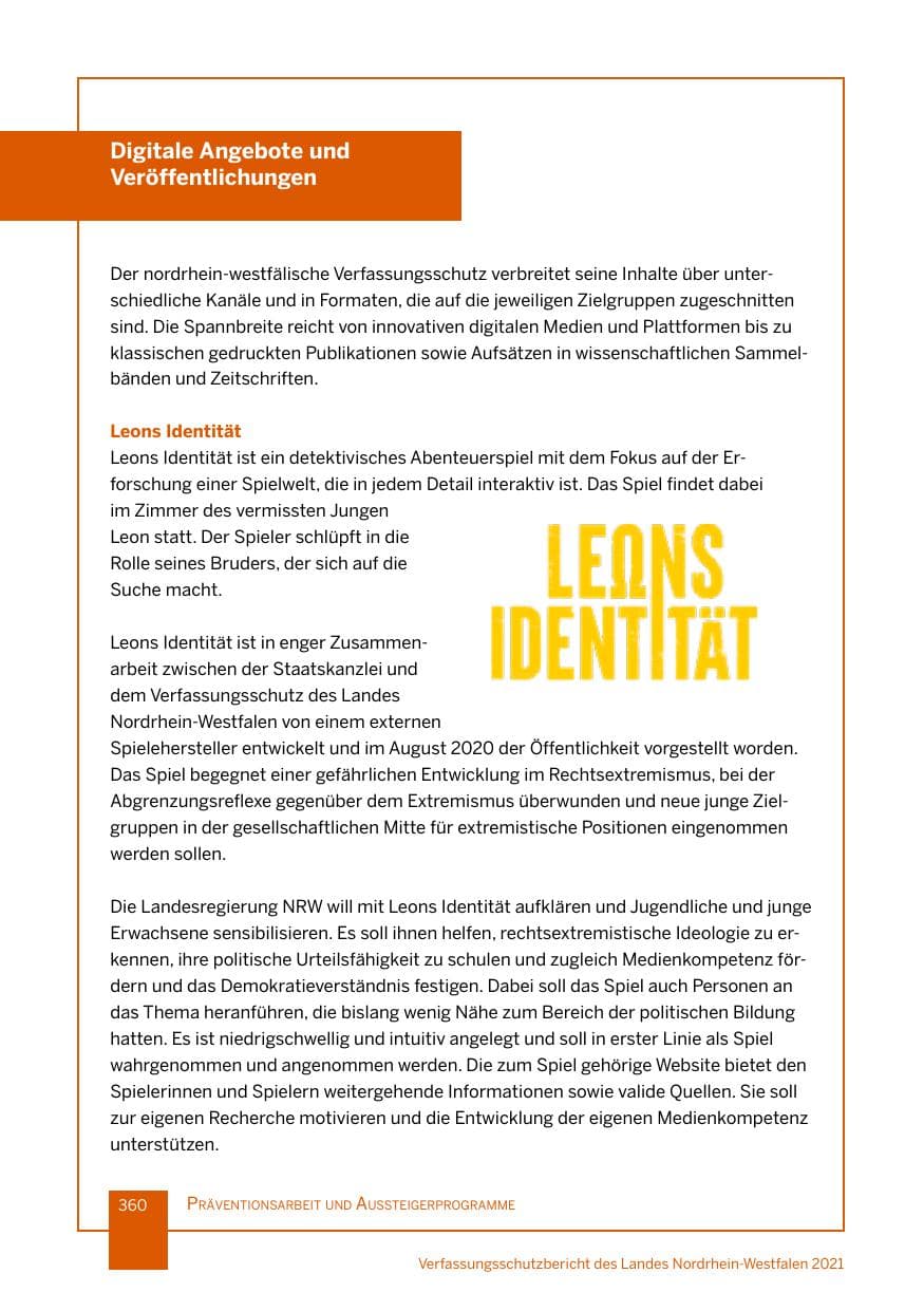 Seite 361 des Verfassungsschutzbericht 2021 Nordrhein-Westfalen