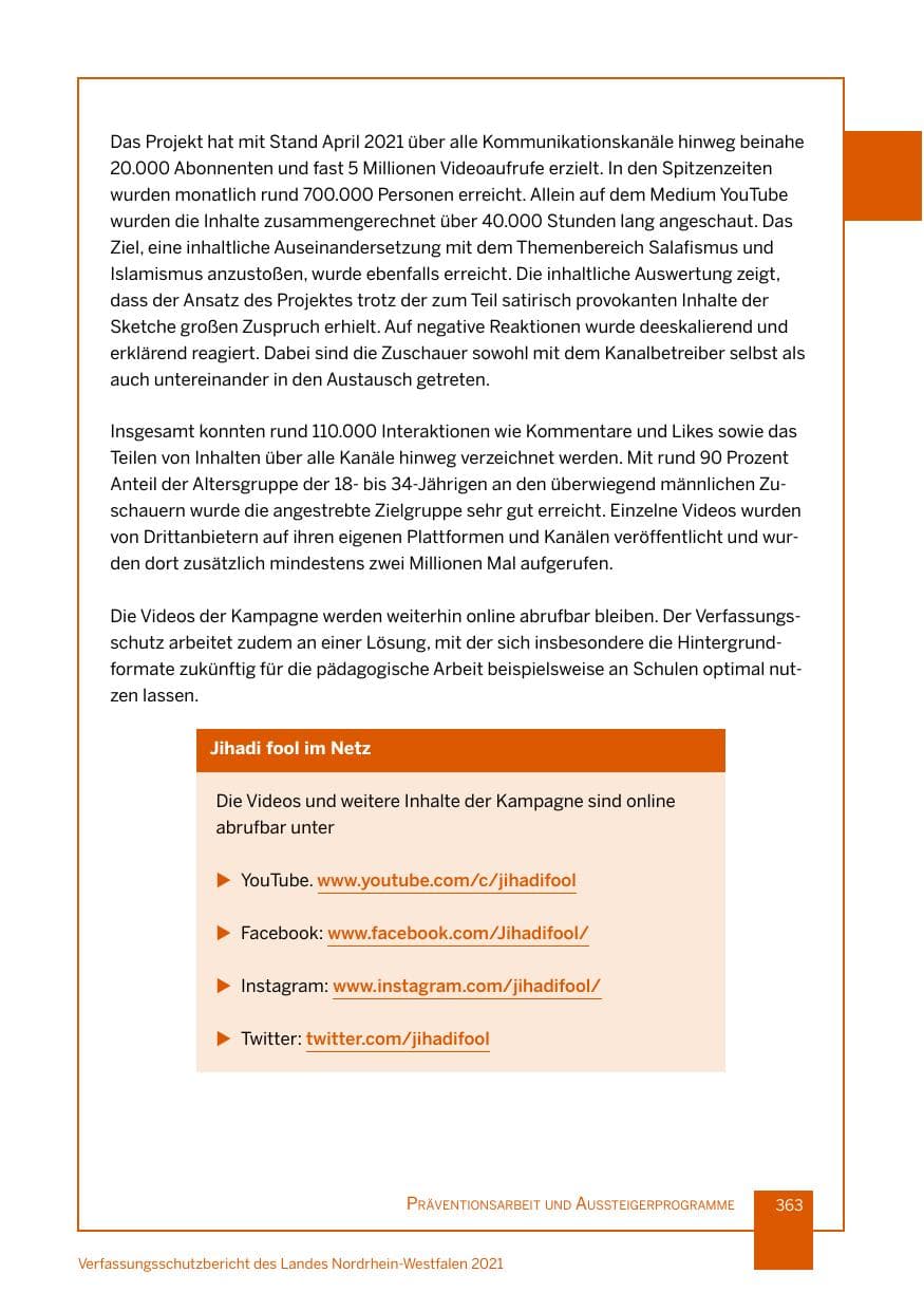 Seite 364 des Verfassungsschutzbericht 2021 Nordrhein-Westfalen