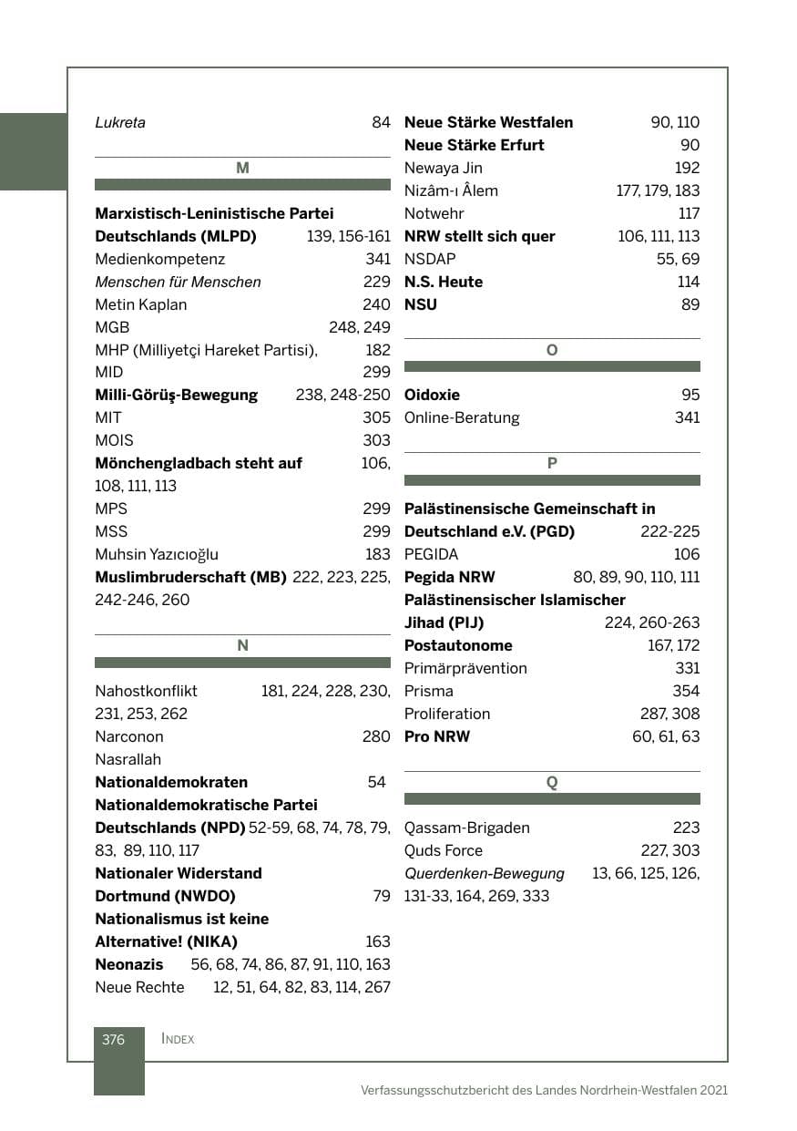 Seite 377 des Verfassungsschutzbericht 2021 Nordrhein-Westfalen