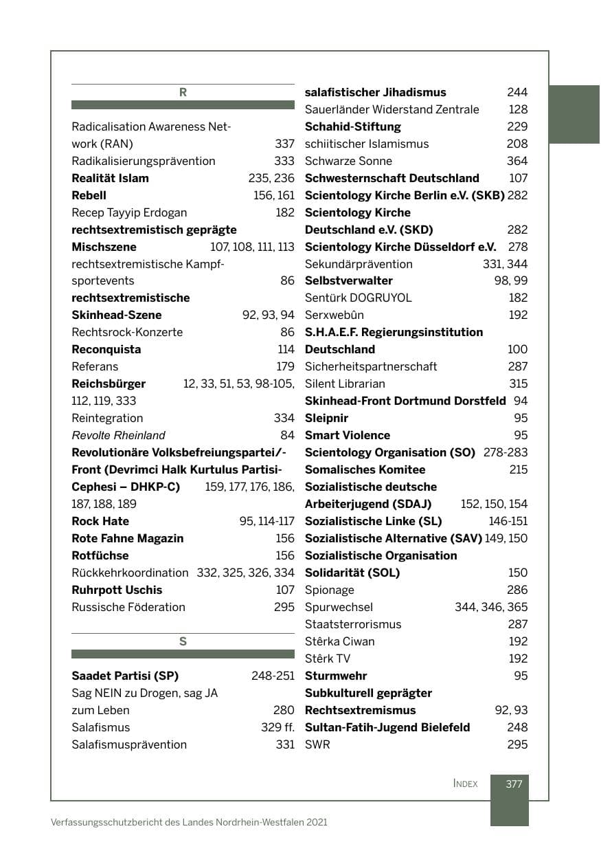 Seite 378 des Verfassungsschutzbericht 2021 Nordrhein-Westfalen