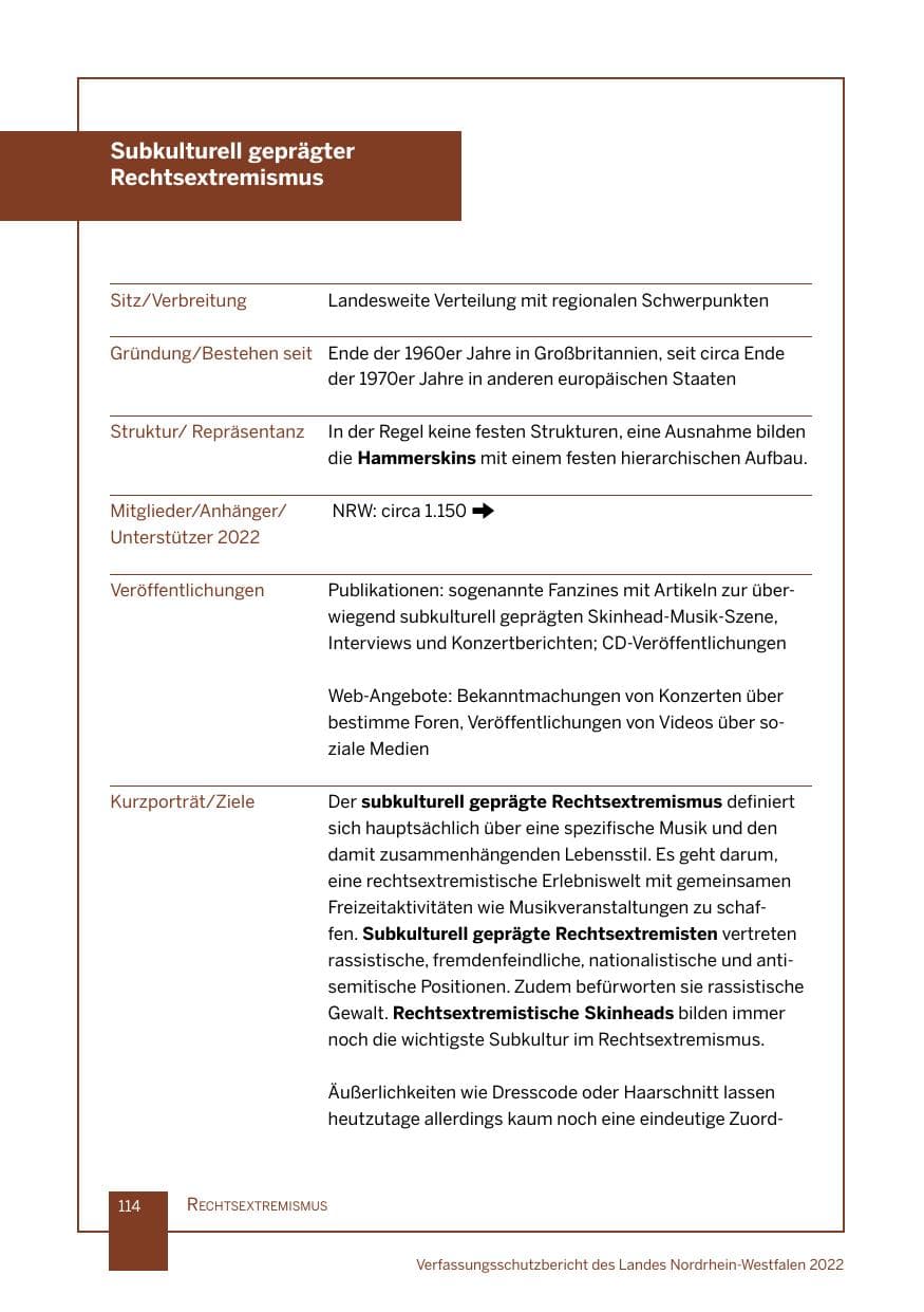 Seite 114 des Verfassungsschutzbericht 2022 Nordrhein-Westfalen