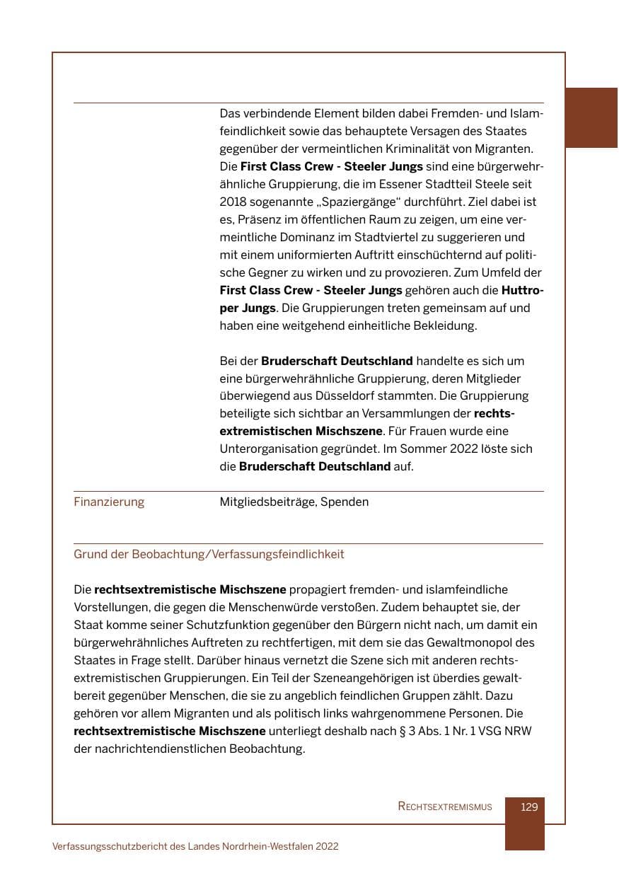 Seite 129 des Verfassungsschutzbericht 2022 Nordrhein-Westfalen