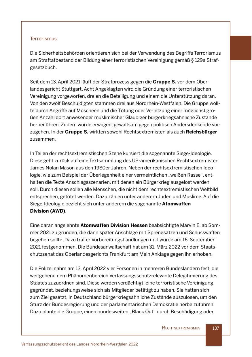 Seite 137 des Verfassungsschutzbericht 2022 Nordrhein-Westfalen