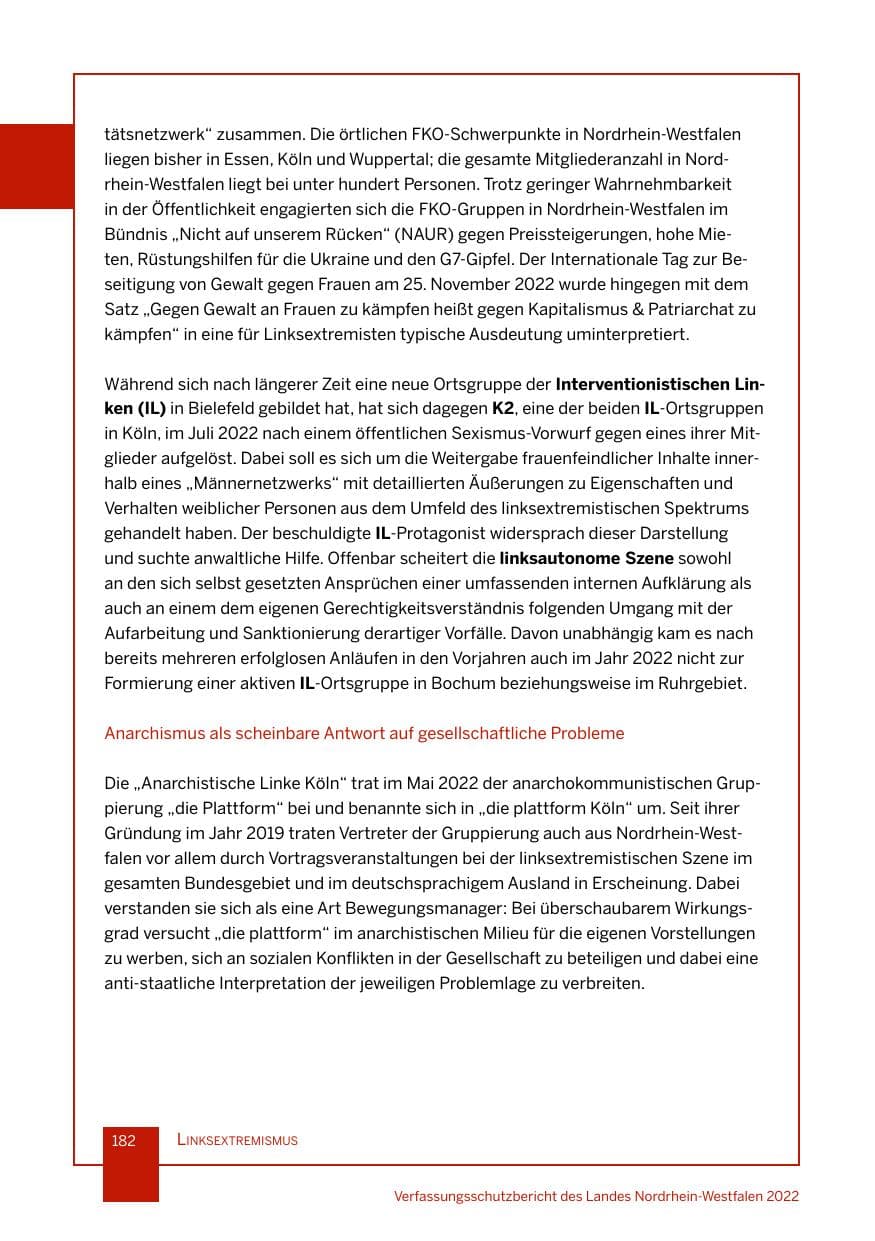 Seite 182 des Verfassungsschutzbericht 2022 Nordrhein-Westfalen