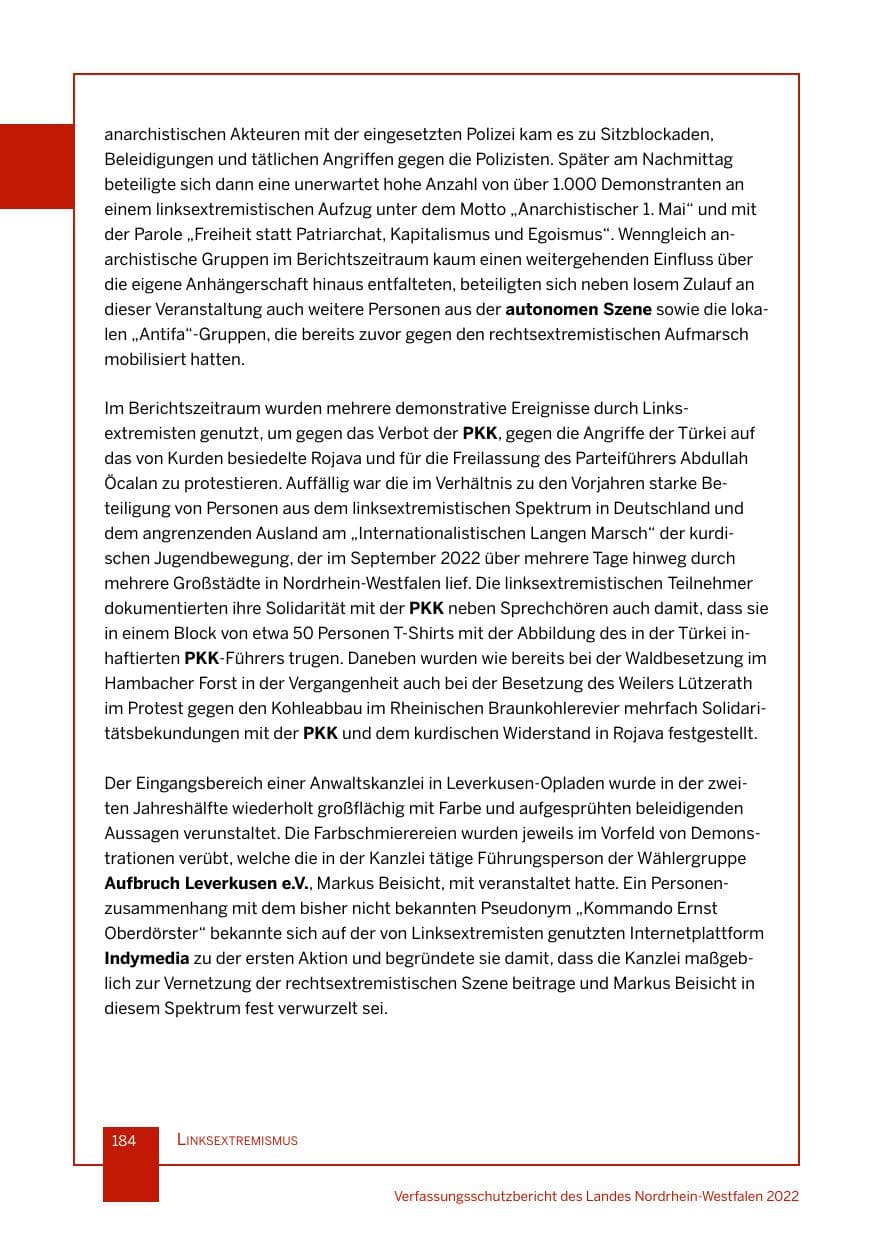 Seite 184 des Verfassungsschutzbericht 2022 Nordrhein-Westfalen