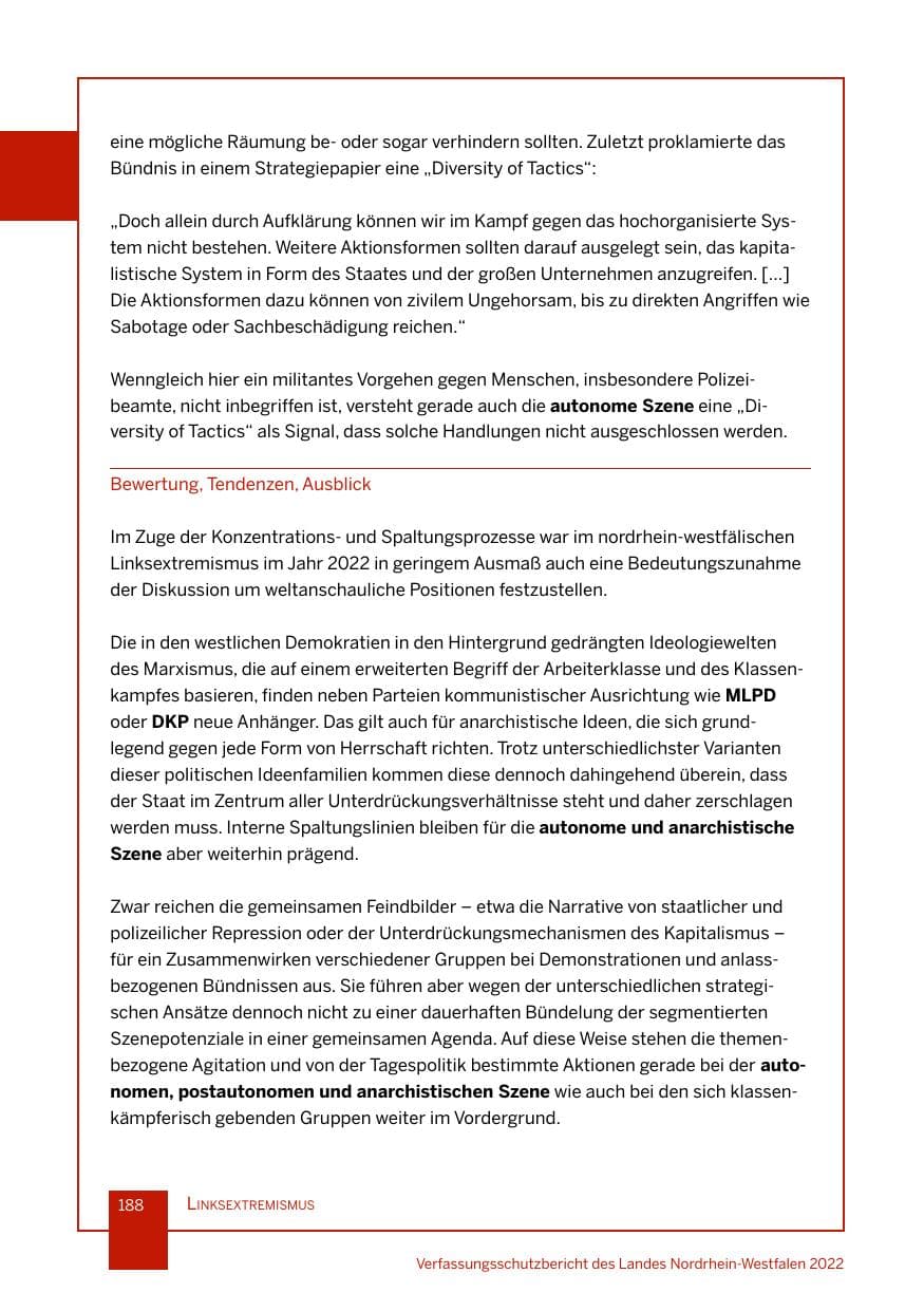 Seite 188 des Verfassungsschutzbericht 2022 Nordrhein-Westfalen