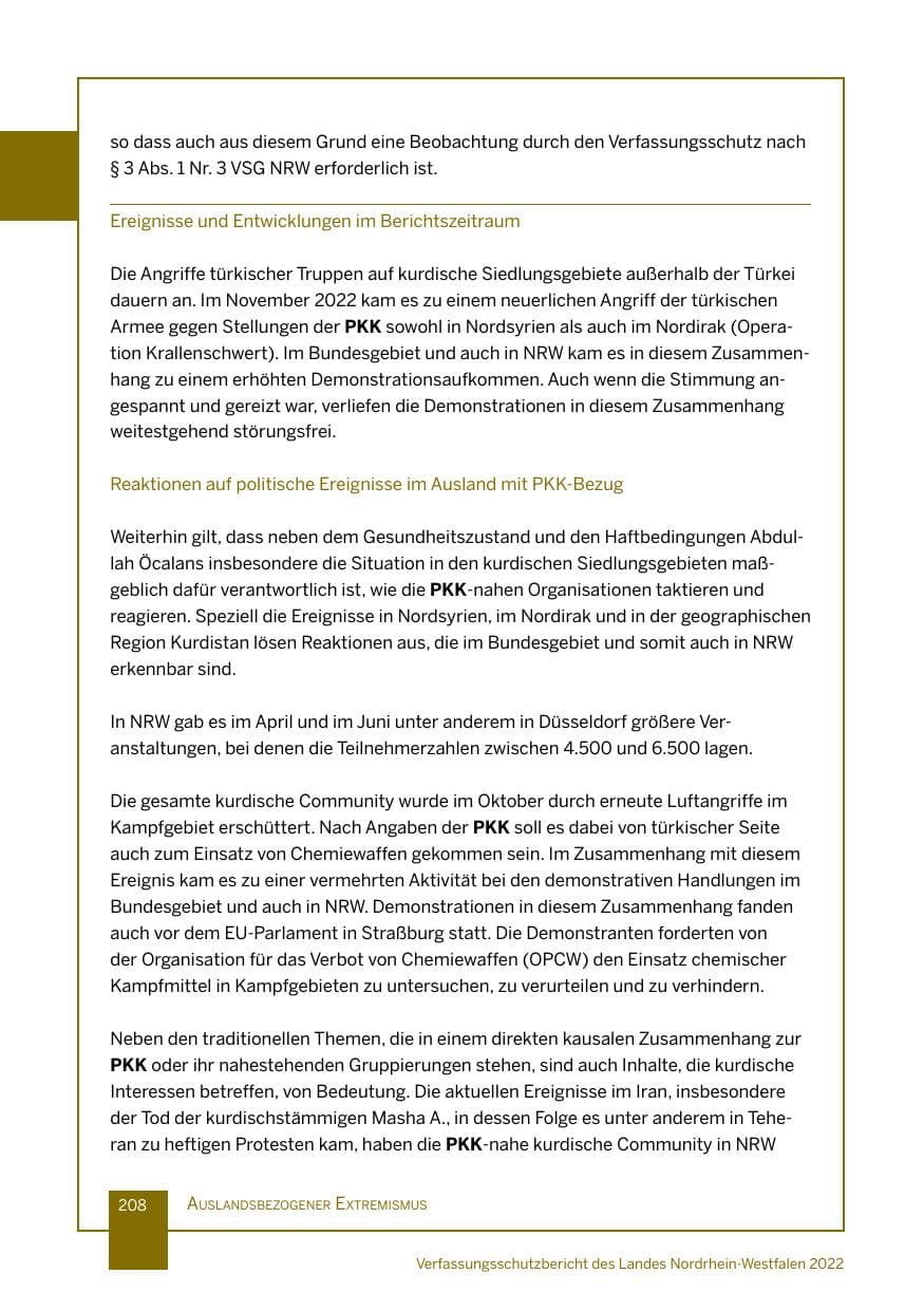 Seite 208 des Verfassungsschutzbericht 2022 Nordrhein-Westfalen