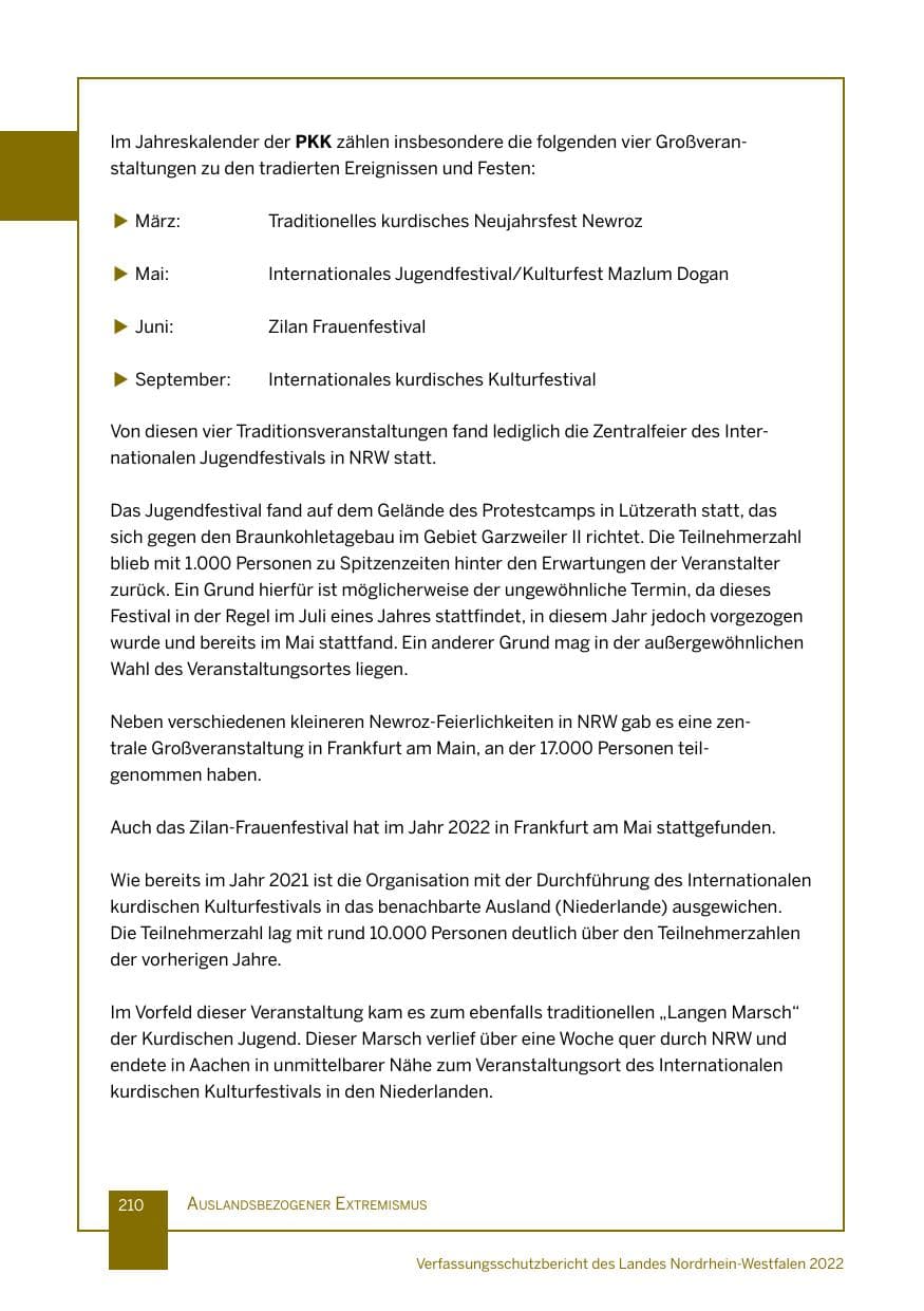 Seite 210 des Verfassungsschutzbericht 2022 Nordrhein-Westfalen