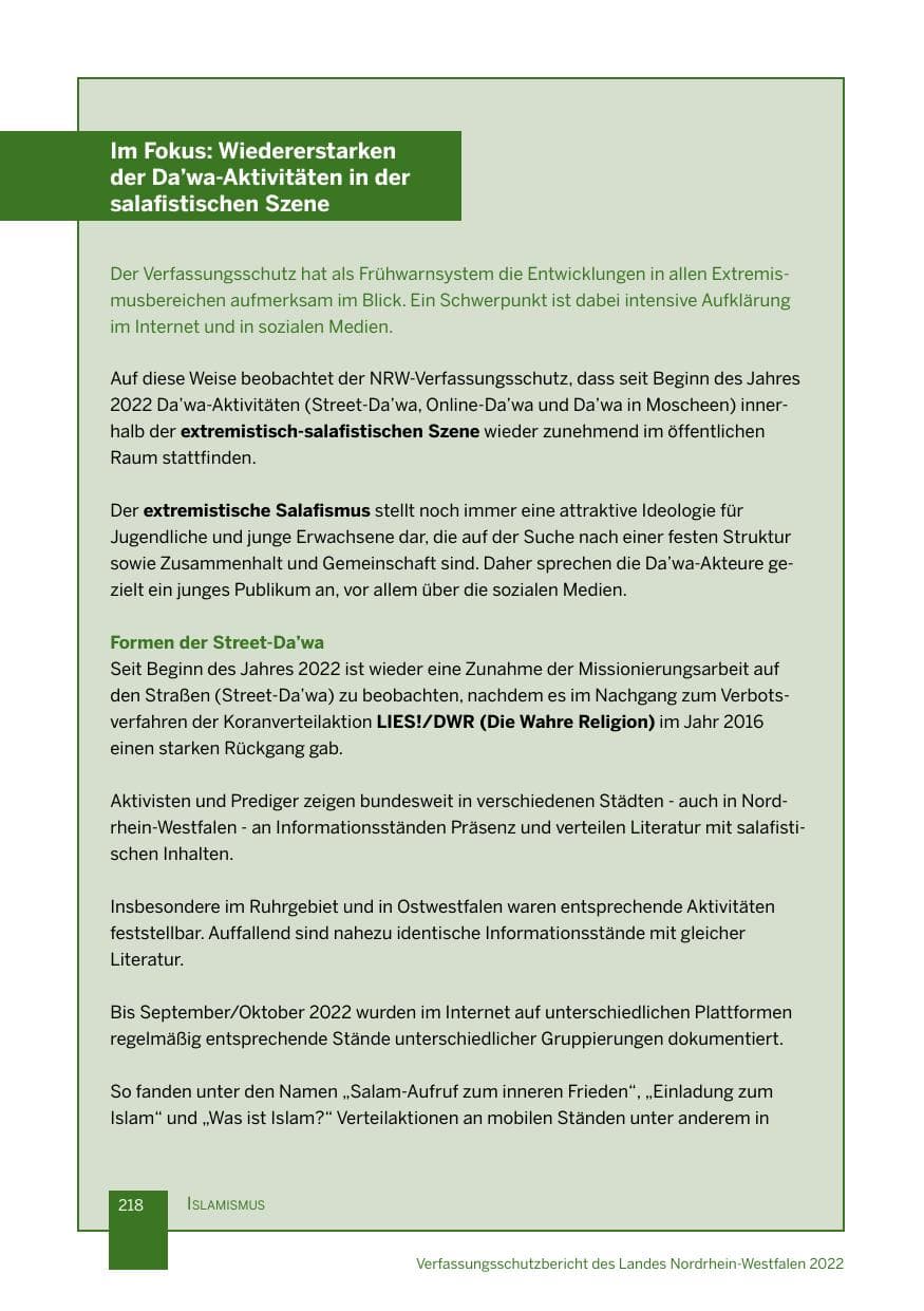 Seite 218 des Verfassungsschutzbericht 2022 Nordrhein-Westfalen