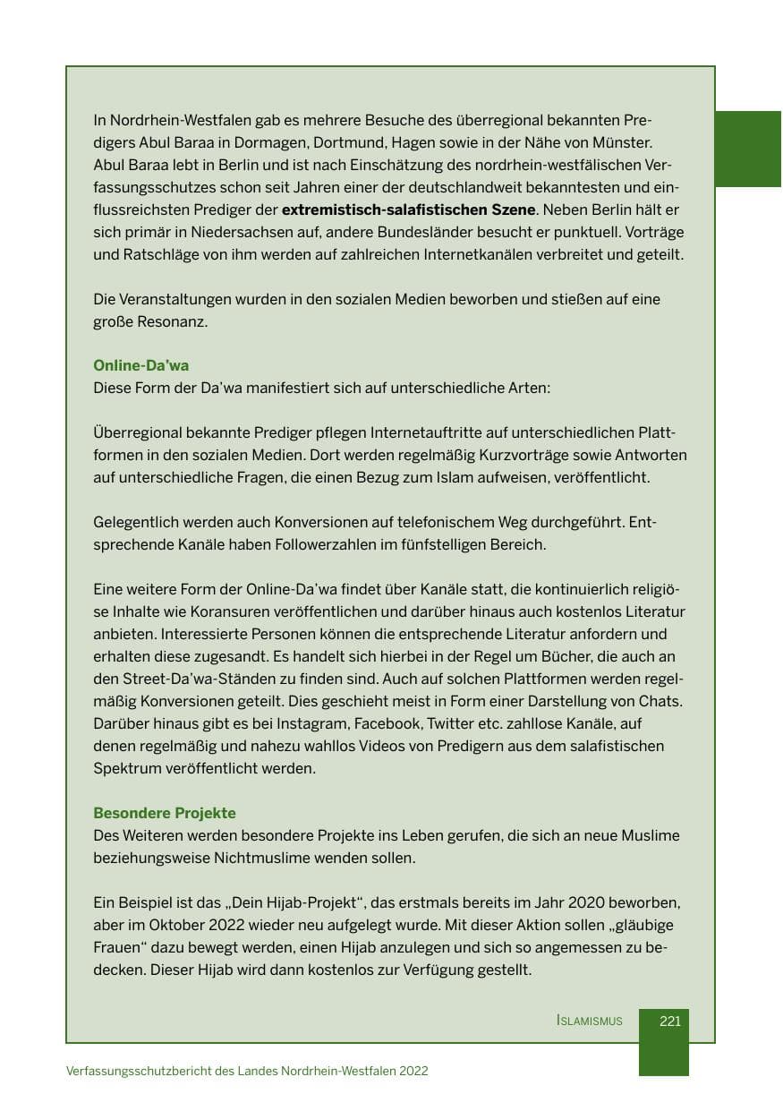 Seite 221 des Verfassungsschutzbericht 2022 Nordrhein-Westfalen