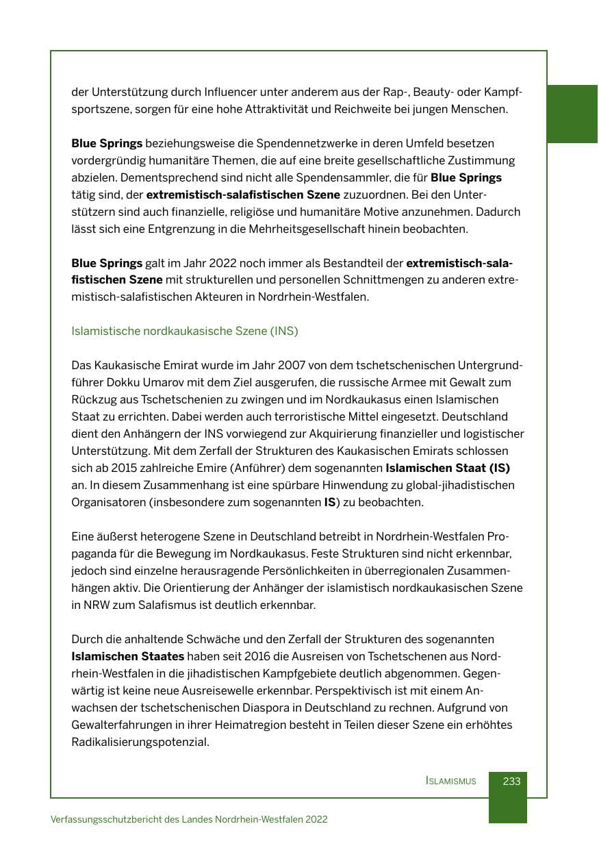 Seite 233 des Verfassungsschutzbericht 2022 Nordrhein-Westfalen