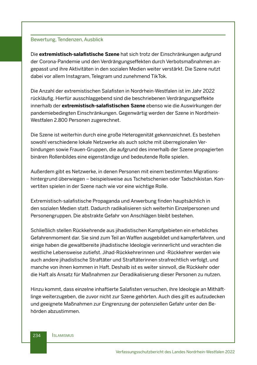Seite 234 des Verfassungsschutzbericht 2022 Nordrhein-Westfalen
