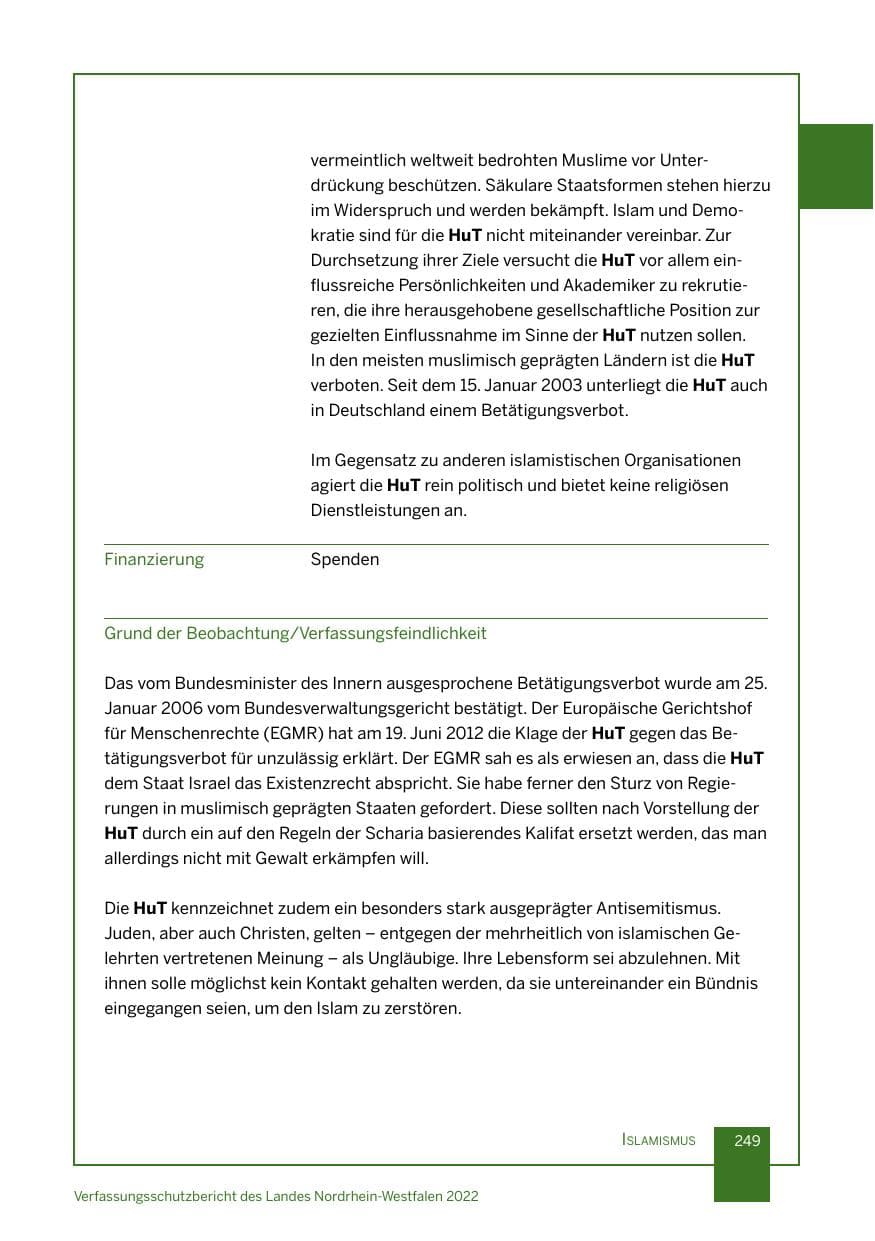 Seite 249 des Verfassungsschutzbericht 2022 Nordrhein-Westfalen