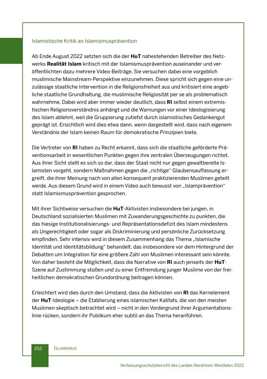 Seite 252 des Verfassungsschutzbericht 2022 Nordrhein-Westfalen
