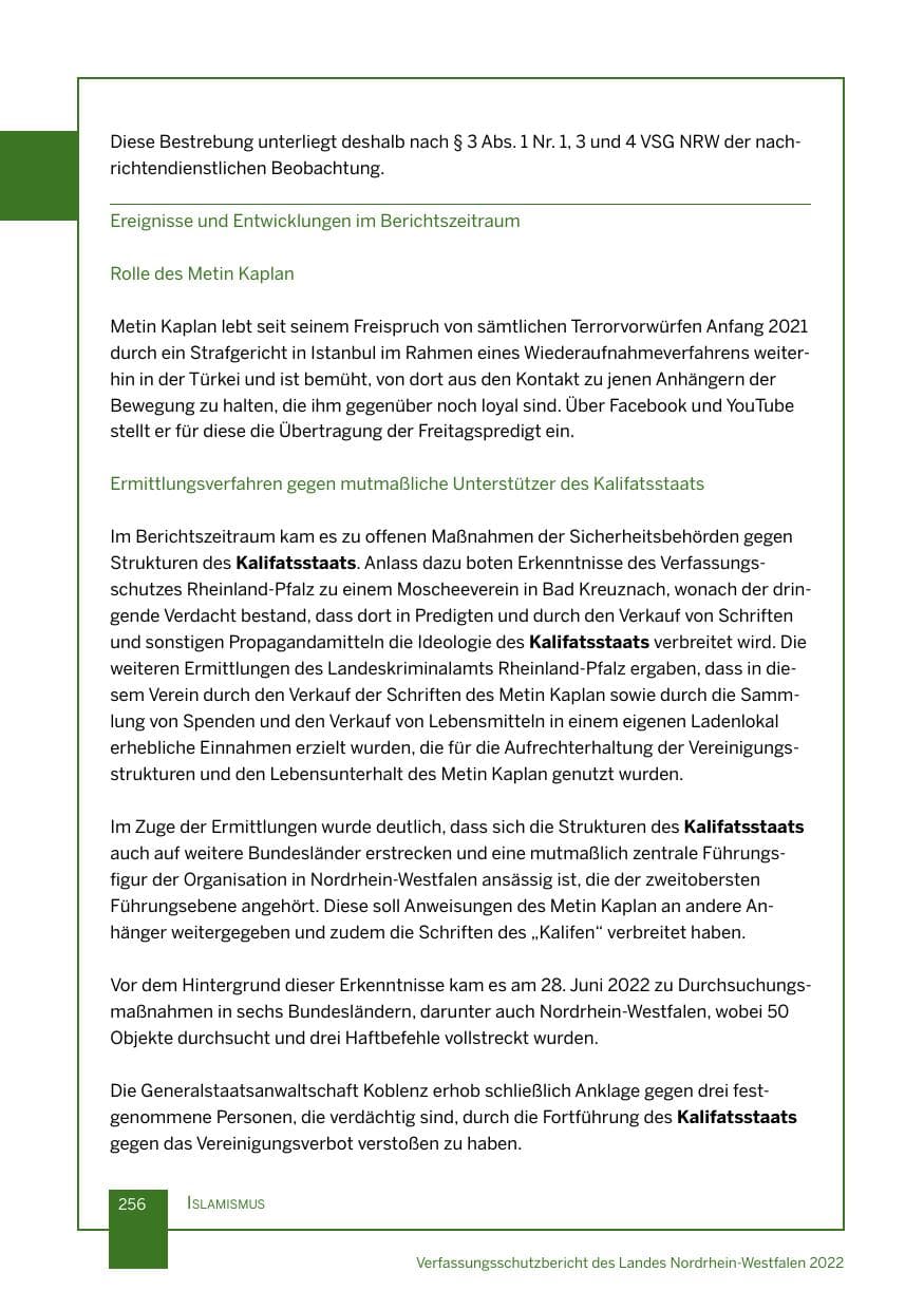 Seite 256 des Verfassungsschutzbericht 2022 Nordrhein-Westfalen