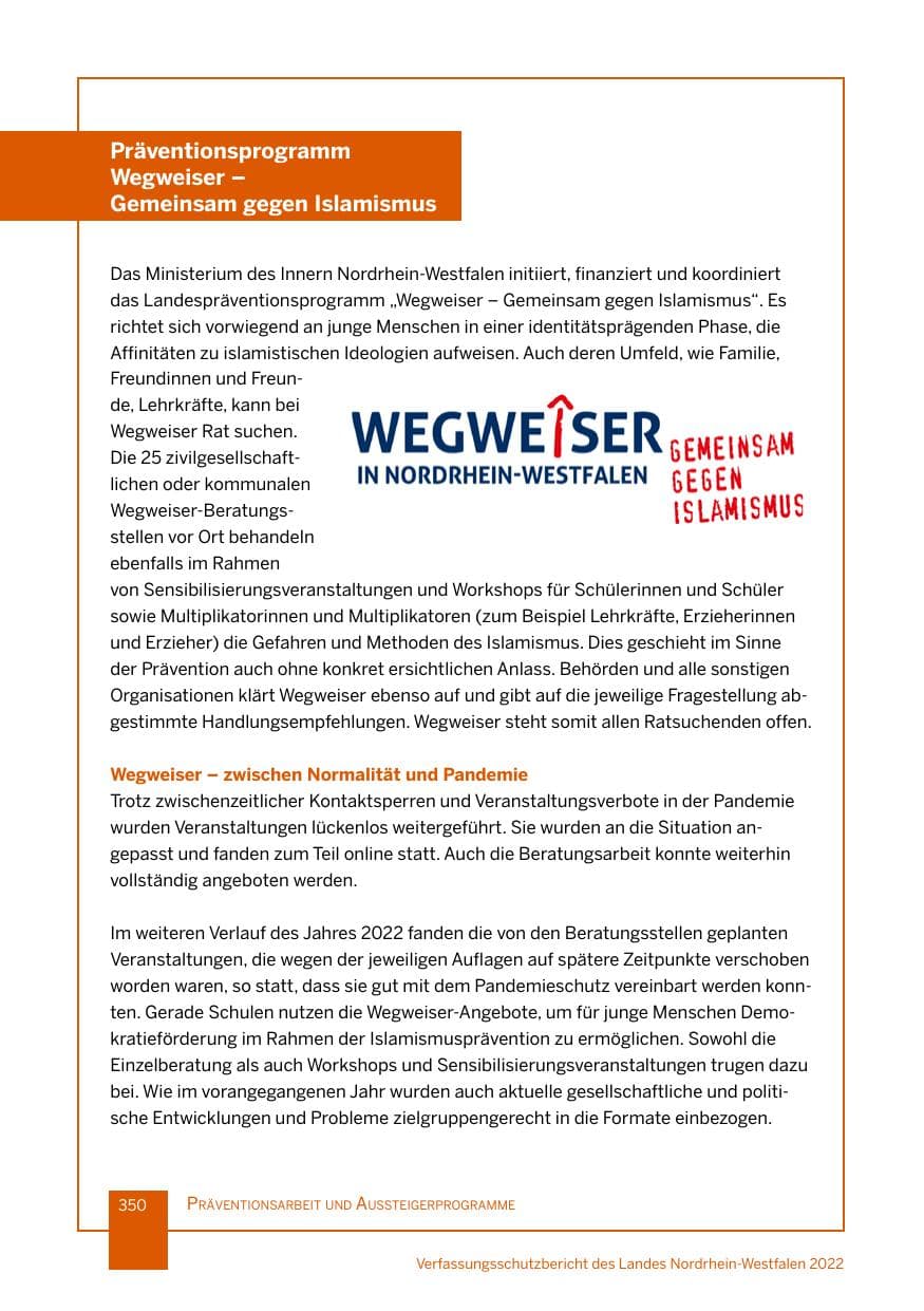 Seite 350 des Verfassungsschutzbericht 2022 Nordrhein-Westfalen