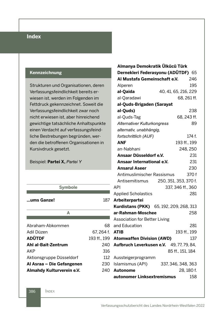 Seite 386 des Verfassungsschutzbericht 2022 Nordrhein-Westfalen