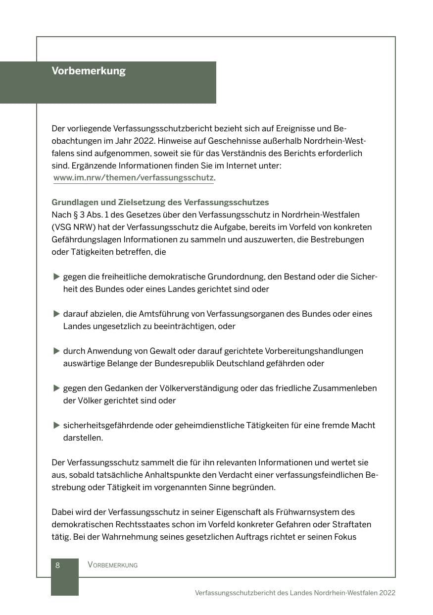Seite 8 des Verfassungsschutzbericht 2022 Nordrhein-Westfalen