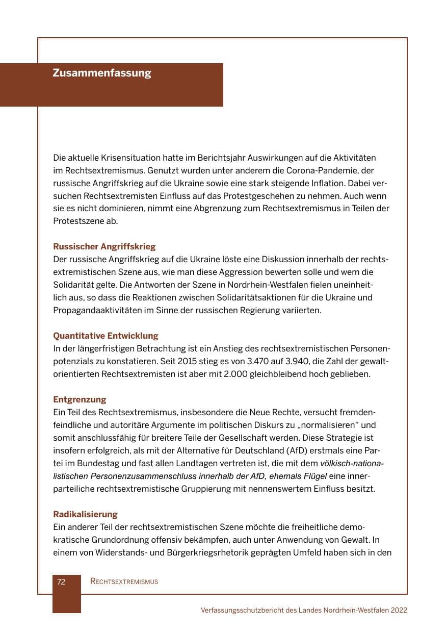 Seite 72 des Verfassungsschutzbericht 2022 Nordrhein-Westfalen