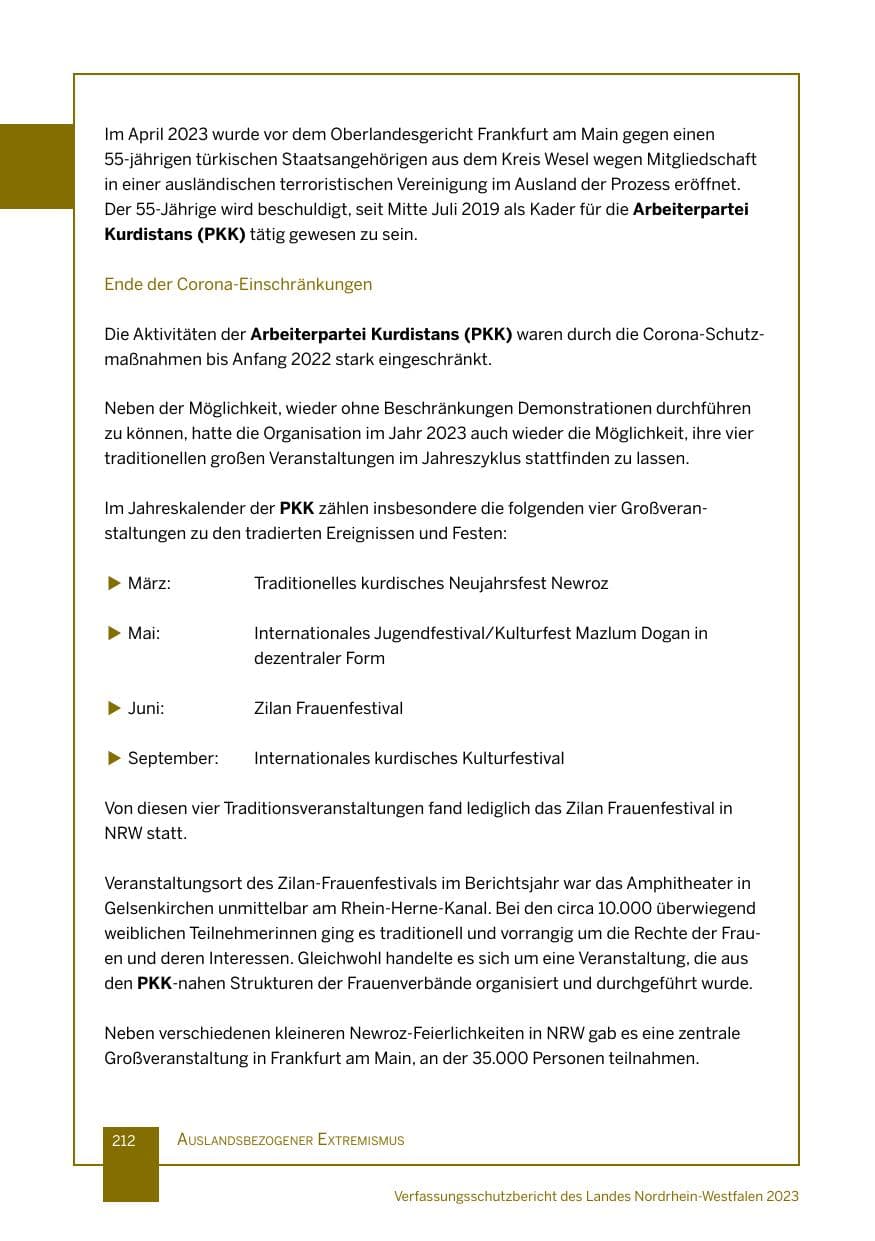Seite 212 des Verfassungsschutzbericht 2023 Nordrhein-Westfalen