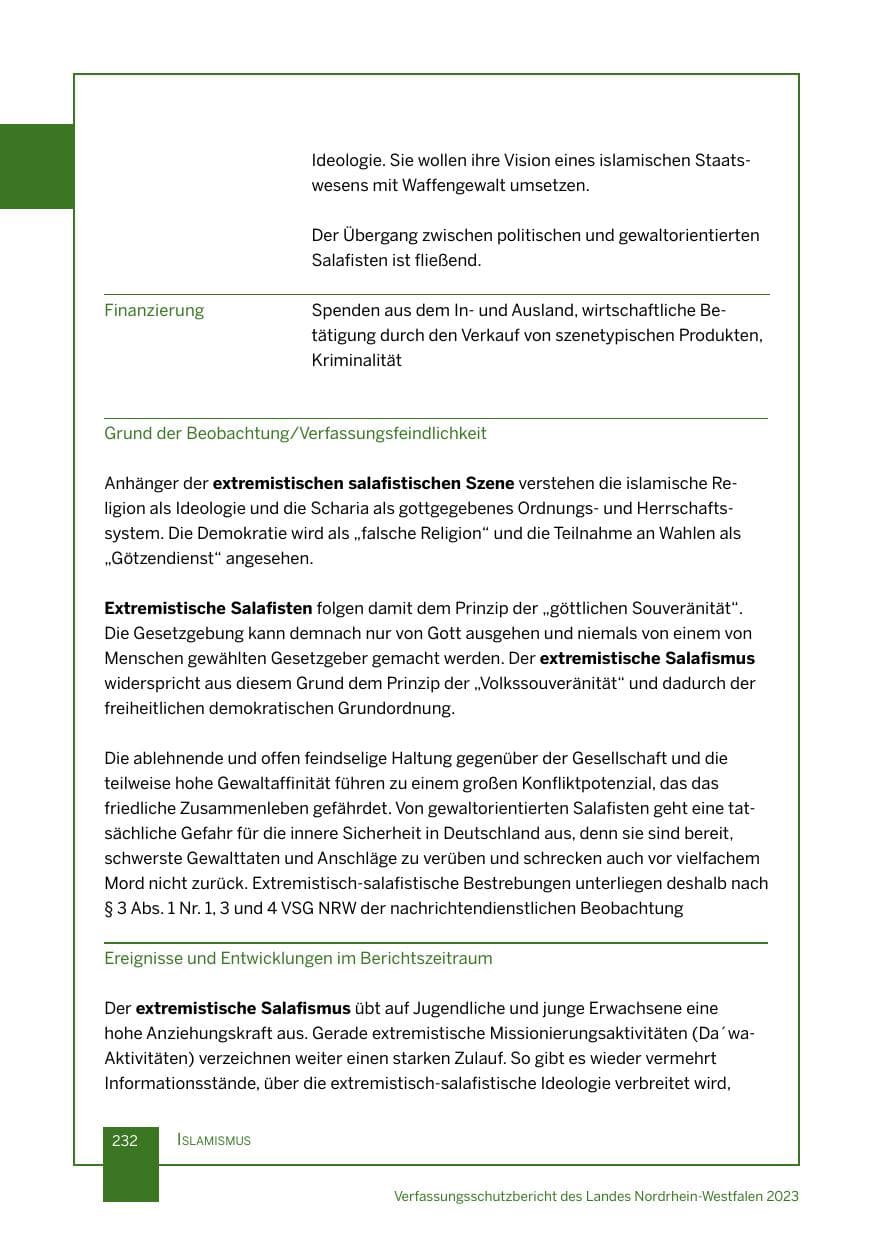Seite 232 des Verfassungsschutzbericht 2023 Nordrhein-Westfalen