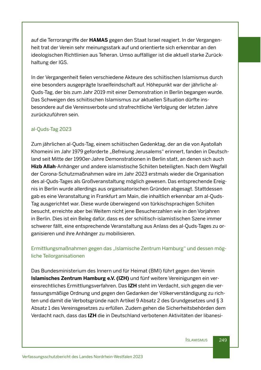 Seite 249 des Verfassungsschutzbericht 2023 Nordrhein-Westfalen