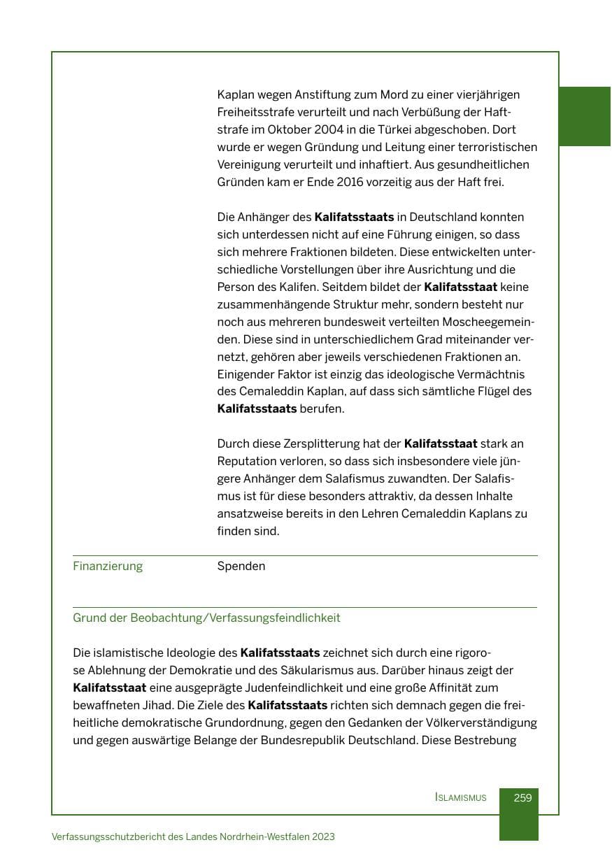 Seite 259 des Verfassungsschutzbericht 2023 Nordrhein-Westfalen