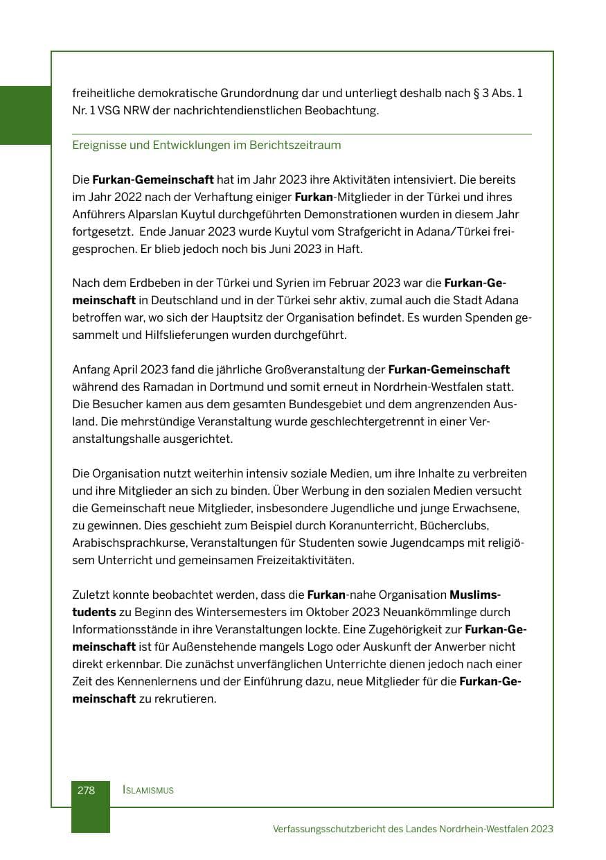 Seite 278 des Verfassungsschutzbericht 2023 Nordrhein-Westfalen