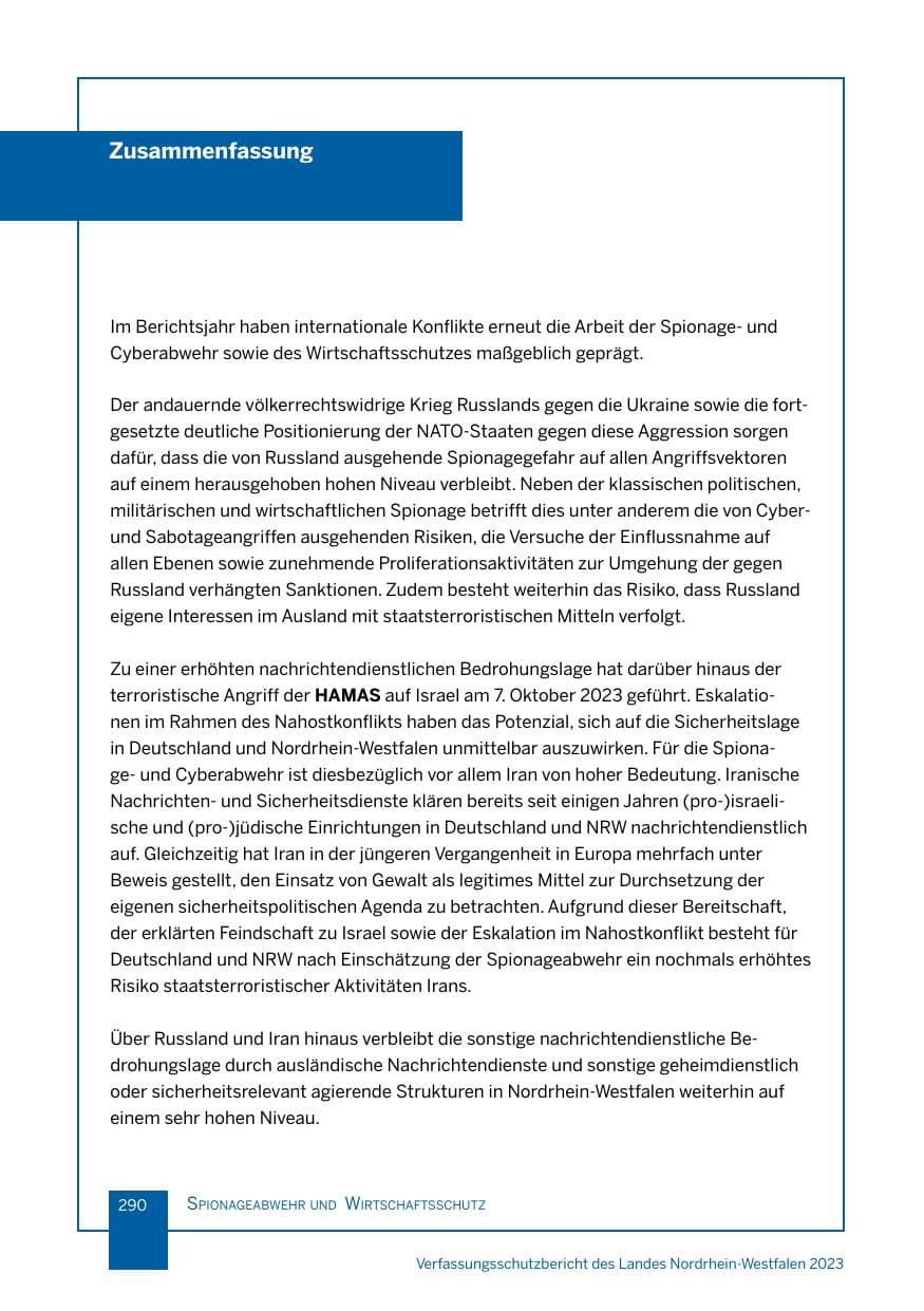 Seite 290 des Verfassungsschutzbericht 2023 Nordrhein-Westfalen
