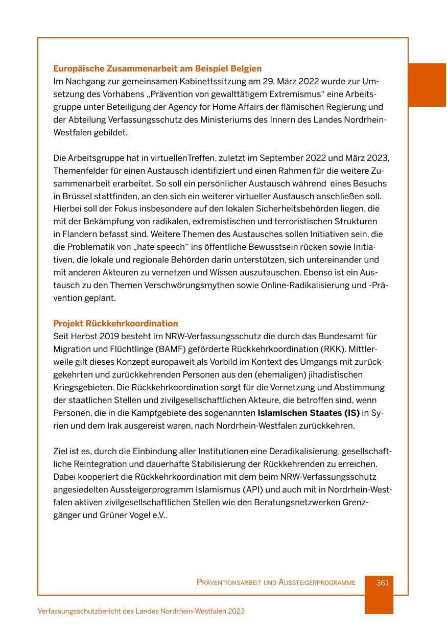 Seite 361 des Verfassungsschutzbericht 2023 Nordrhein-Westfalen