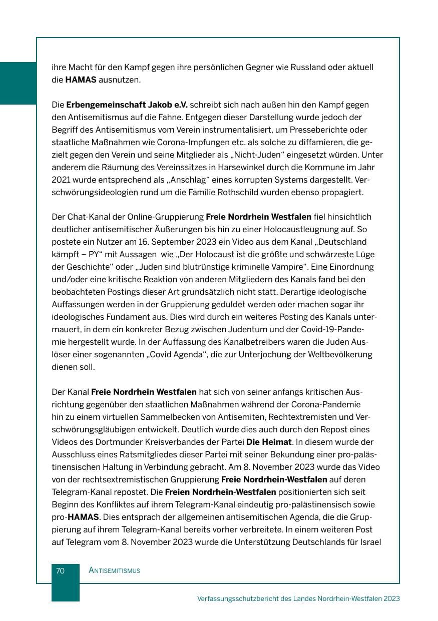 Seite 70 des Verfassungsschutzbericht 2023 Nordrhein-Westfalen