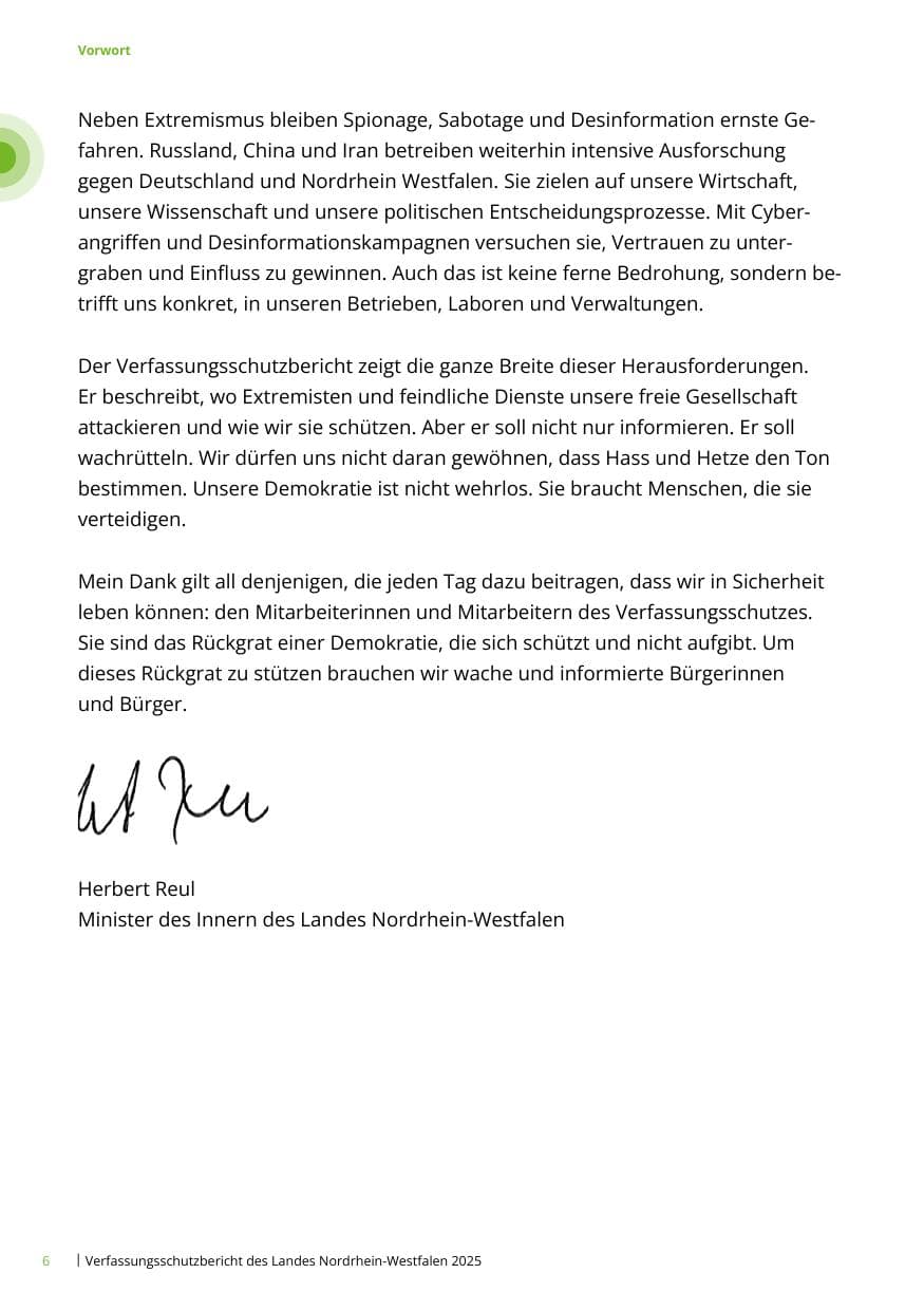 Seite 6 des Verfassungsschutzbericht 2025 Nordrhein-Westfalen