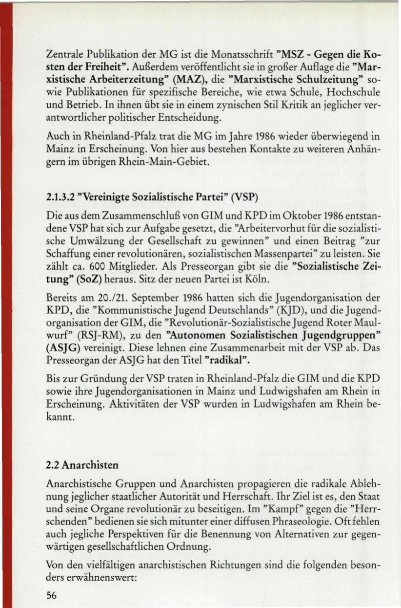 Seite 58 des Verfassungsschutzbericht 1986 Rheinland-Pfalz